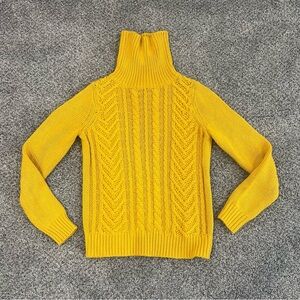 Lands End Drifter 100% Cotton Yellow Chunky Cableknit Sweater Turtleneck Size XS